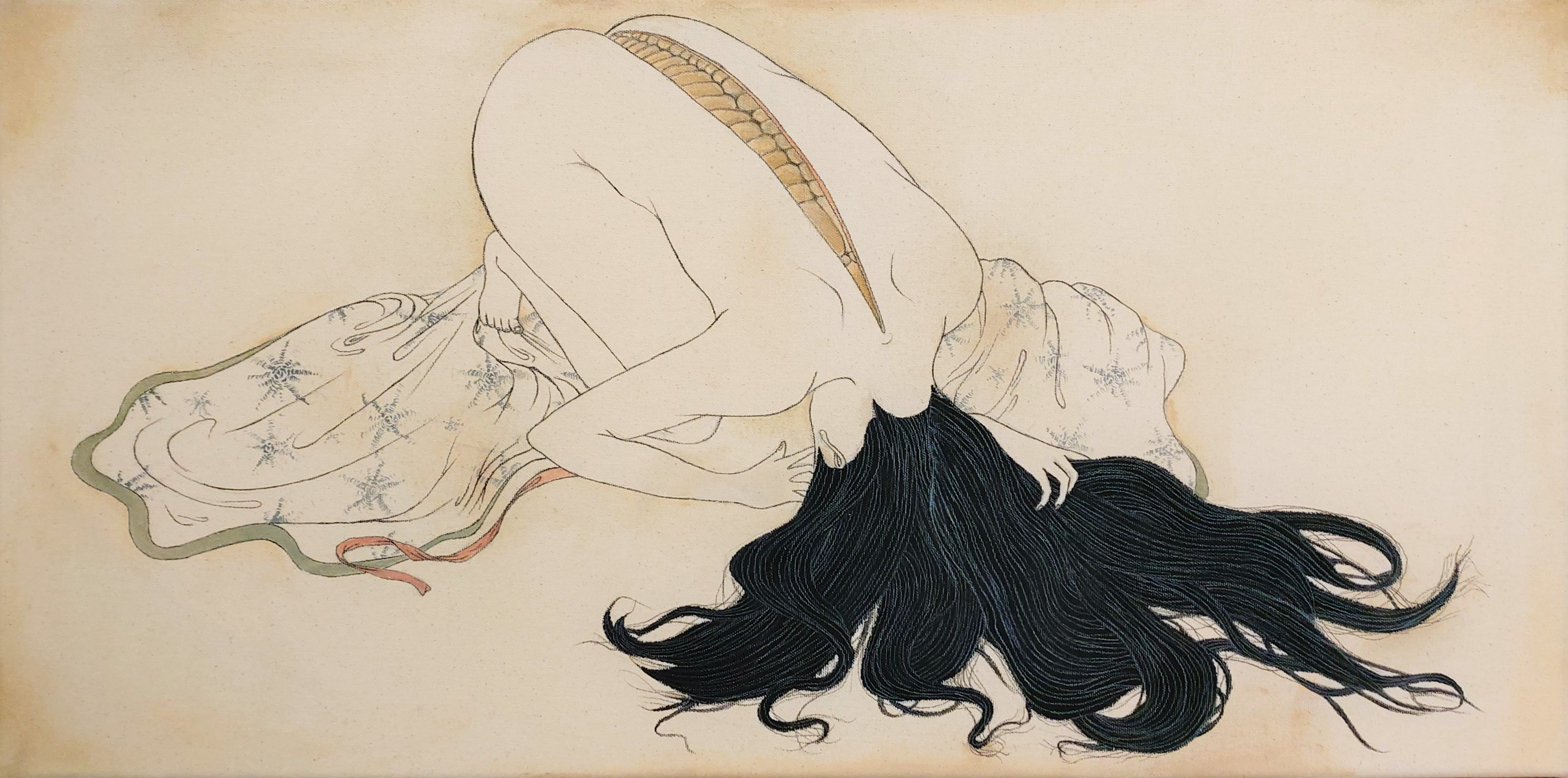 "Regarding the notion of regret as a physical manifestation with an impulse to emerge within a person, I presented it as a protective shell, much like the chrysalis of an insect.
Inspired by shunga masters such as Kitagawa Utamaro, the cloth pooled on the floor, as well as the nudity point to a displaced sense of eroticism, contrasting the grotesque nature of the piece. While a chrysalis can symbolize protection and concealment of said "regret", it also signifies an inevitable emergence."